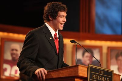 Sam Bradford delivers his acceptance speech Saturday night.  (Associated Press / The Spokesman-Review)
