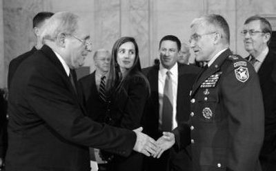 
 Sen. Carl Levin, D-Mich, left, greets Gen. George  Casey   on Thursday  before  a hearing on Casey's nomination to become Army chief of staff. 
 (Associated Press / The Spokesman-Review)