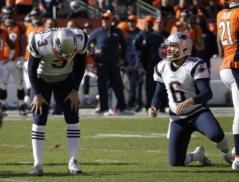 New England Patriots punter Ryan Allen (6) looks on as Patriots kicker Stephen Gostkowski reacts after missing an extra point following a touchdown by Steven Jackson during the first half the NFL football AFC Championship game between the Denver Broncos and the New England Patriots, Sunday, Jan. 24, 2016, in Denver. (AP / AP)