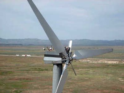 Photo courtesy of Lars Dorr Todd Haynes and Tim Harmon, co-owners of the Lewandowski wind farm, stand atop Turbine No. 3.
(Photo courtesy of Lars Dorr / The Spokesman-Review)