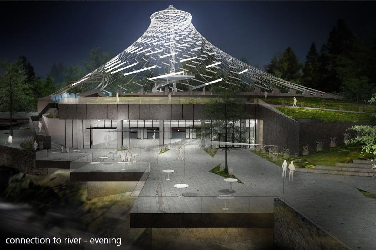 A nighttime side view of the rendering of the new U.S. Pavilion building, including reflector panels hanging from the netting of the existing cable structure. Designers said Monday it would cost around a half million dollars to study whether the structure could support a full, permanent covering. (Garco Construction/NAC/The Berger Partnership)
