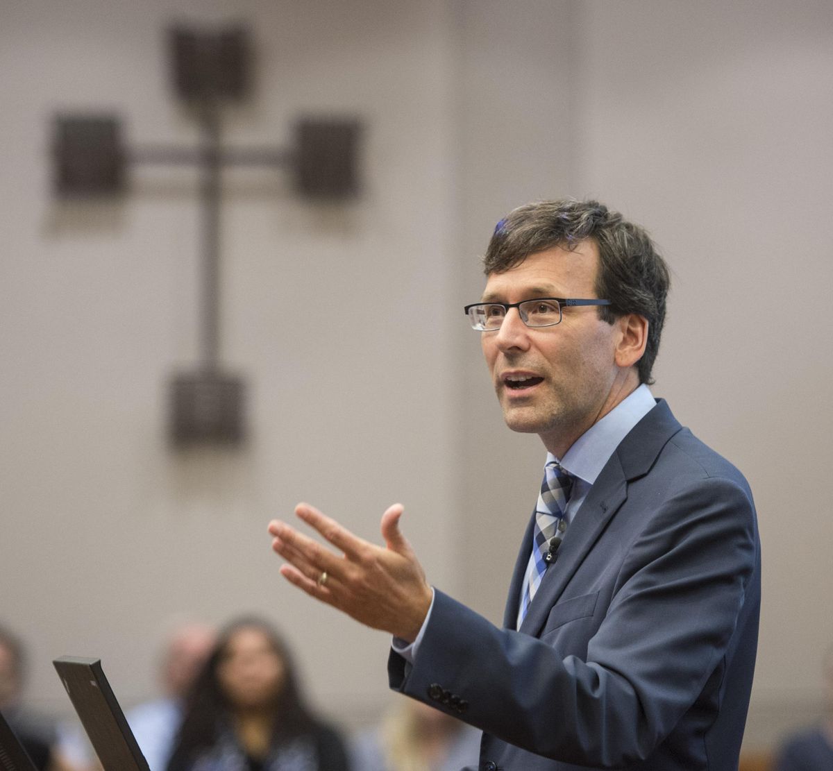 Washington state Attorney General Bob Ferguson discusses the lawsuit brought by 15 states and the District of Columbia regarding the Trump administration’s decision to end the Deferred Action for Childhood Arrivals program, Friday, Sept. 29, 2017, at the Barbieri Courtroom at the Gonzaga University School of Law. (Dan Pelle / The Spokesman-Review)