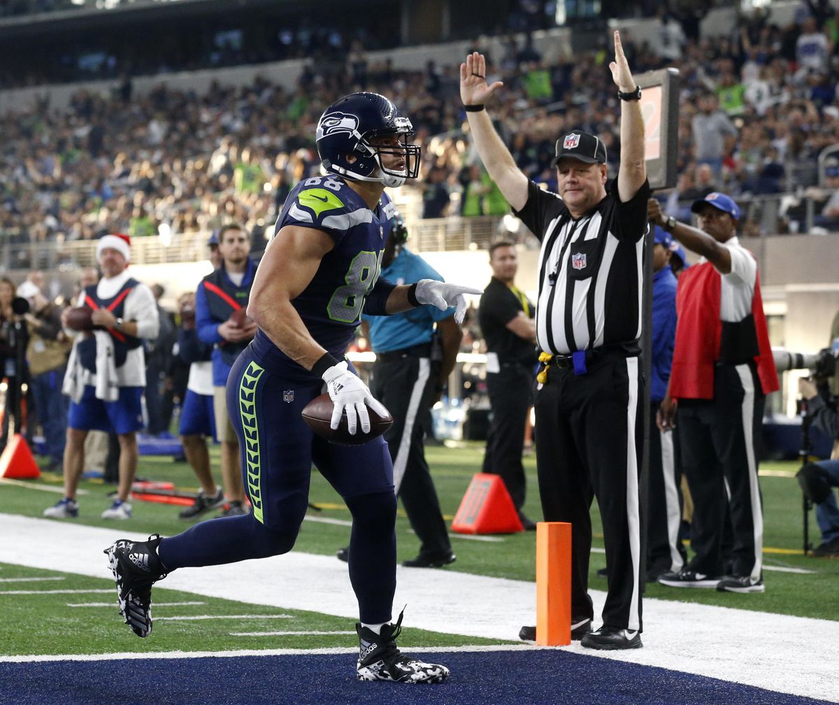 Seattle Seahawks tight end Jimmy Graham (88) celebrates his touchdown catch in the first half of an NFL football game against the Dallas Cowboys on Sunday, Dec. 24, 2017, in Arlington, Texas. (Michael Ainsworth / AP)