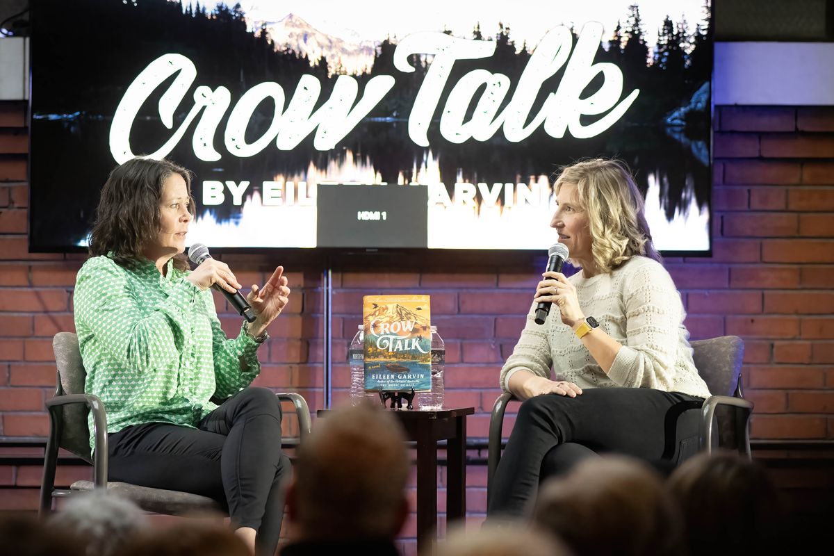 Author Eileen Garvin, left, has a conversation with Ammi Midstokke about her novel “Crow Talk,” during a Northwest Passages event in 2024, at the Steam Plant Brewery & Restaurant Event Center. The national bestselling author is back to the Northwest Passages stage, this time with her latest, “Bumblebee Season.” (Colin Mulvany/The Spokesman-Review)