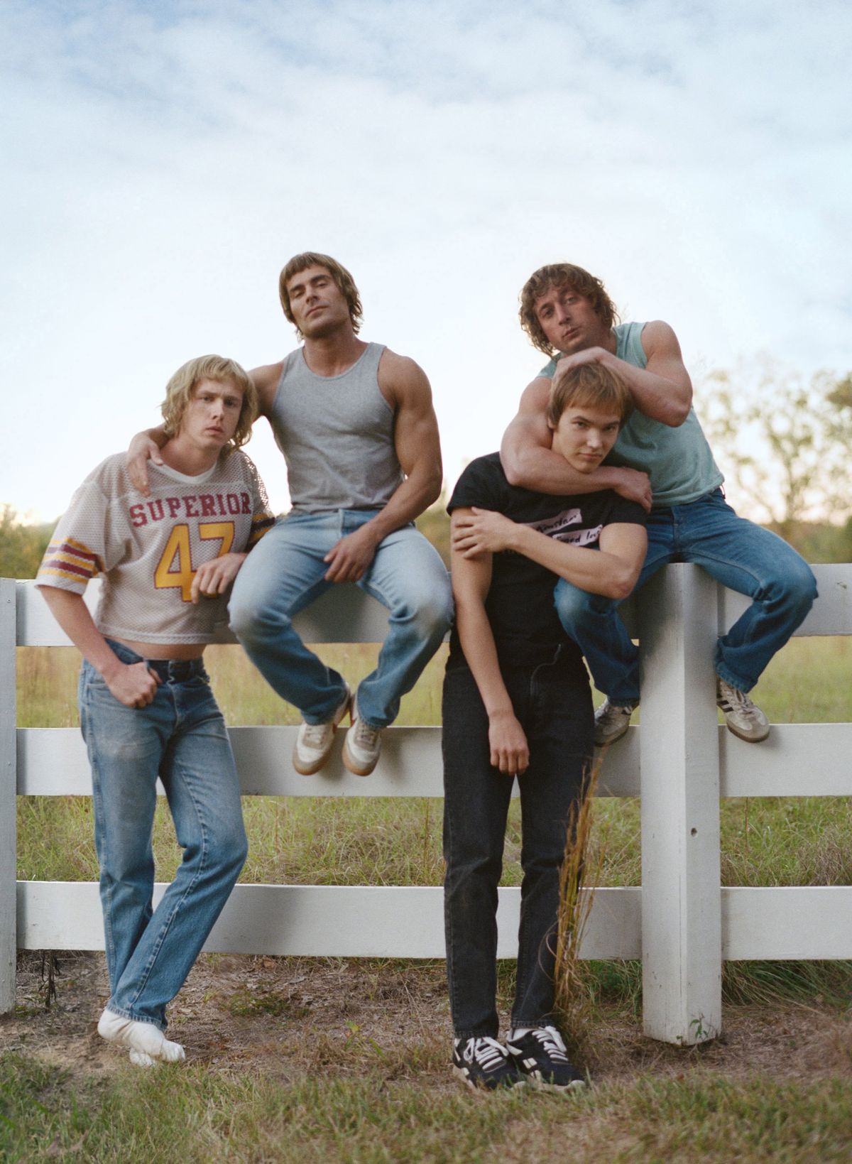 From left, Harris Dickinson, Zac Efron, Stanley Simons and Jeremy Allen White in “The Iron Claw.” (A24)