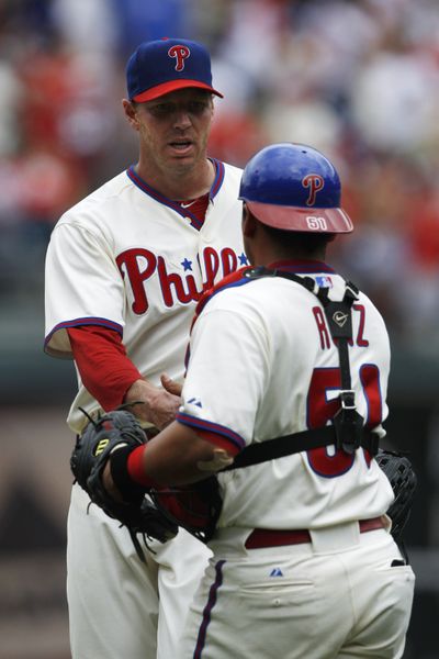 Phillies’ Roy Halladay pitched his fifth complete game in win over A’s. (Associated Press)