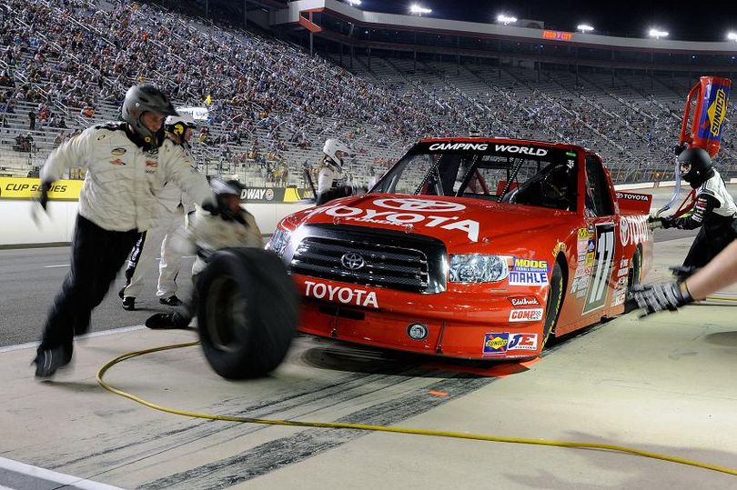 Timothy Peters pits the #17 Toyota/Red Horse Racing Toyota during the NASCAR Camping World Truck Series UNOH 200 at Bristol Motor Speedway on August 22, 2012 in Bristol, Tennessee. (Photo by John Harrelson/Getty Images) (John Harrelson / Getty Images North America)