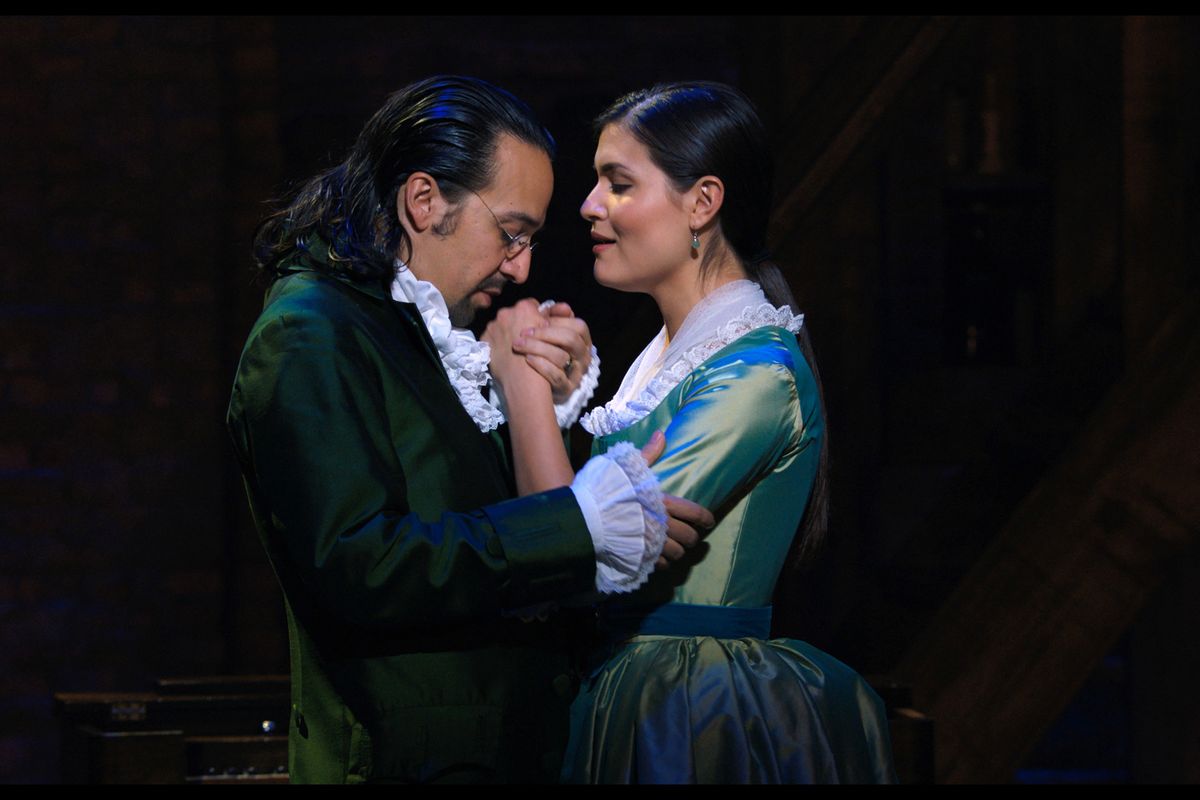 Lin-Manuel Miranda portrays Alexander Hamilton and Phillipa Soo portrays Eliza Hamilton in a filmed version of the Broadway production of “Hamilton” on Disney+. A touring production will be at the First Interstate Center for the Arts from May 3-22.  (Disney+)