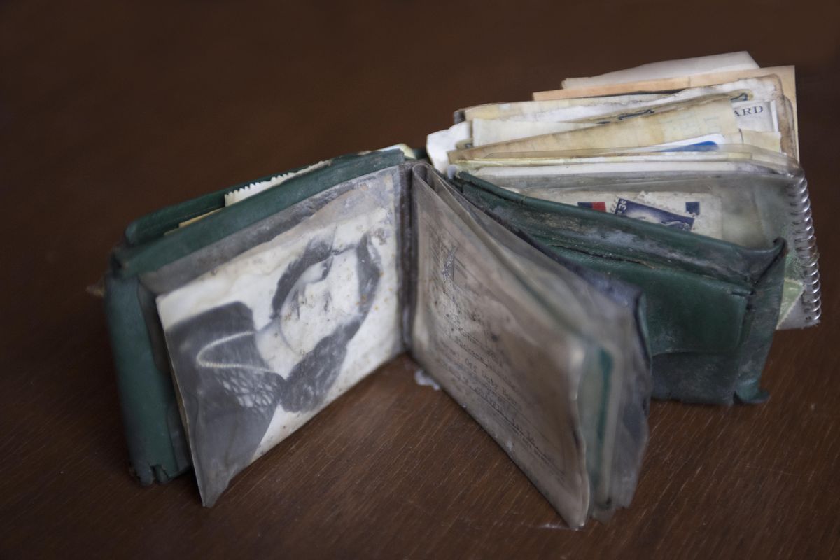 An overstuffed wallet identified by its contents as the property of Isolde Zitzewitz was found recently in a drain pipe in the former Macy’s building as it was being renovated. The wallet was likely lost in the late 1950s. Photographed Thursday, April 13, 2017. (Jesse Tinsley / The Spokesman-Review)