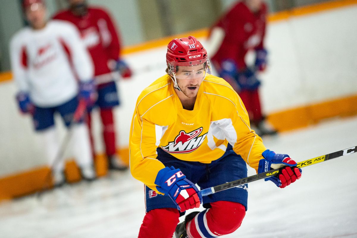 Ethan McIndoe participates in a drill during a Spokane Chiefs practice at Eagles Ice Arena in Spokane on Wednesday, Sept. 11, 2019. (Libby Kamrowski / The Spokesman-Review)