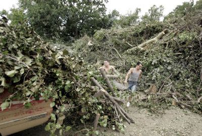 
Timmy Brown, left, and Joe Borden, both of St. Louis, unload their truck loaded with trees limbs at a dump site Sunday in St. Louis. 
 (Associated Press / The Spokesman-Review)