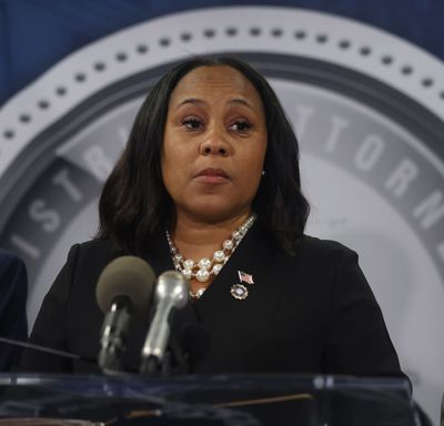Fulton County District Attorney Fani Willis discussed the indictment of former President Donald Trump and 18 others at the Fulton County Courthouse on Aug. 15, 2023, in Atlanta. (Michael Blackshire/The Atlanta Journal-Constitution/TNS)  (Michael Blackshire)
