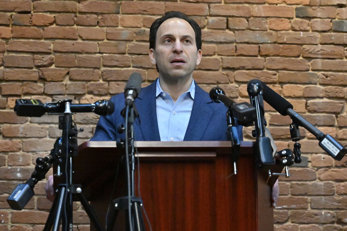 Louisville Democratic mayoral candidate Craig Greenberg speaks during a news conference in Louisville, Ky., Monday, Feb. 14, 2022. Greenberg was shot at earlier Monday in his campaign office but was not struck, though a bullet grazed a piece of his clothing, police said. (Timothy D. Easley)