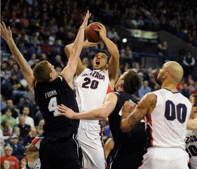 Gonzaga forward Elias Harris shoots over Butler forward Erik Fromm during the first half of their College GameDay matchup Dec. 20, 2011, at McCarthey Athletic Center.  (COLIN MULVANY)
