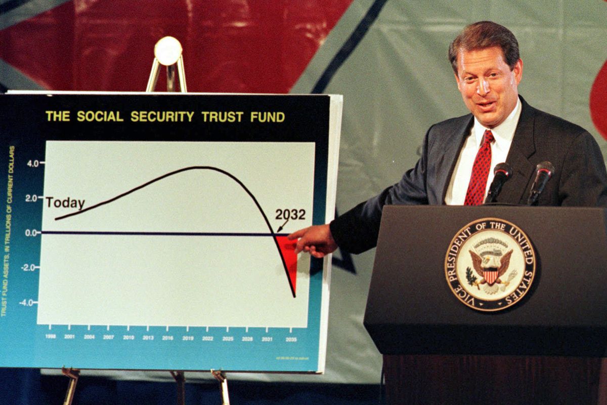 In this July 1998 file photo, Vice President Al Gore, speaking in Cranston, R.I., explains how decreasing Social Security revenues, if allowed to continue, would render the fund insolvent by 2032. During his 2000 presidential campaign Gore talked so much about the “lockbox” he’d use to protect Social Security that he was parodied on “Saturday Night Live.”  (File Associated Press)