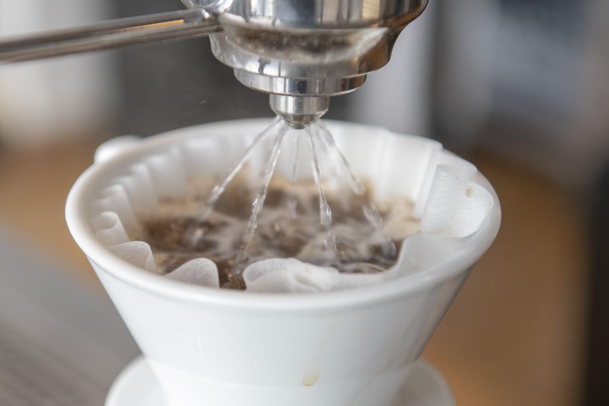 First Avenue Coffee Friday, which recently opened on West First Avenue in downtown Spokane, is outfitted with high-end pour-over stations in addition to other types of brewing methods. (Jesse Tinsley / The Spokesman-Review)