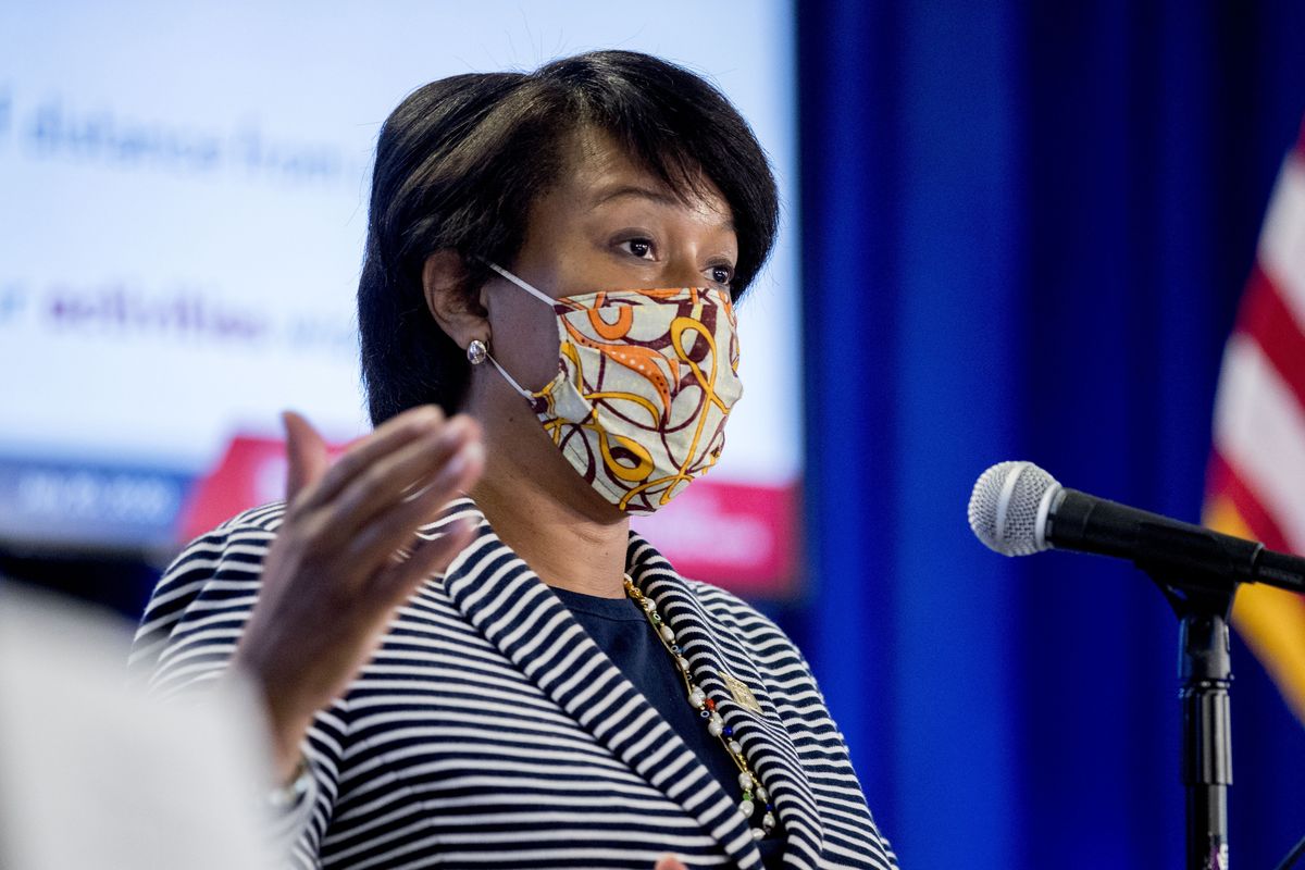 District of Columbia Mayor Muriel Bowser wears a face mask to protect against the spread of the coronavirus outbreak, as she speaks at a news conference on the coronavirus and the District