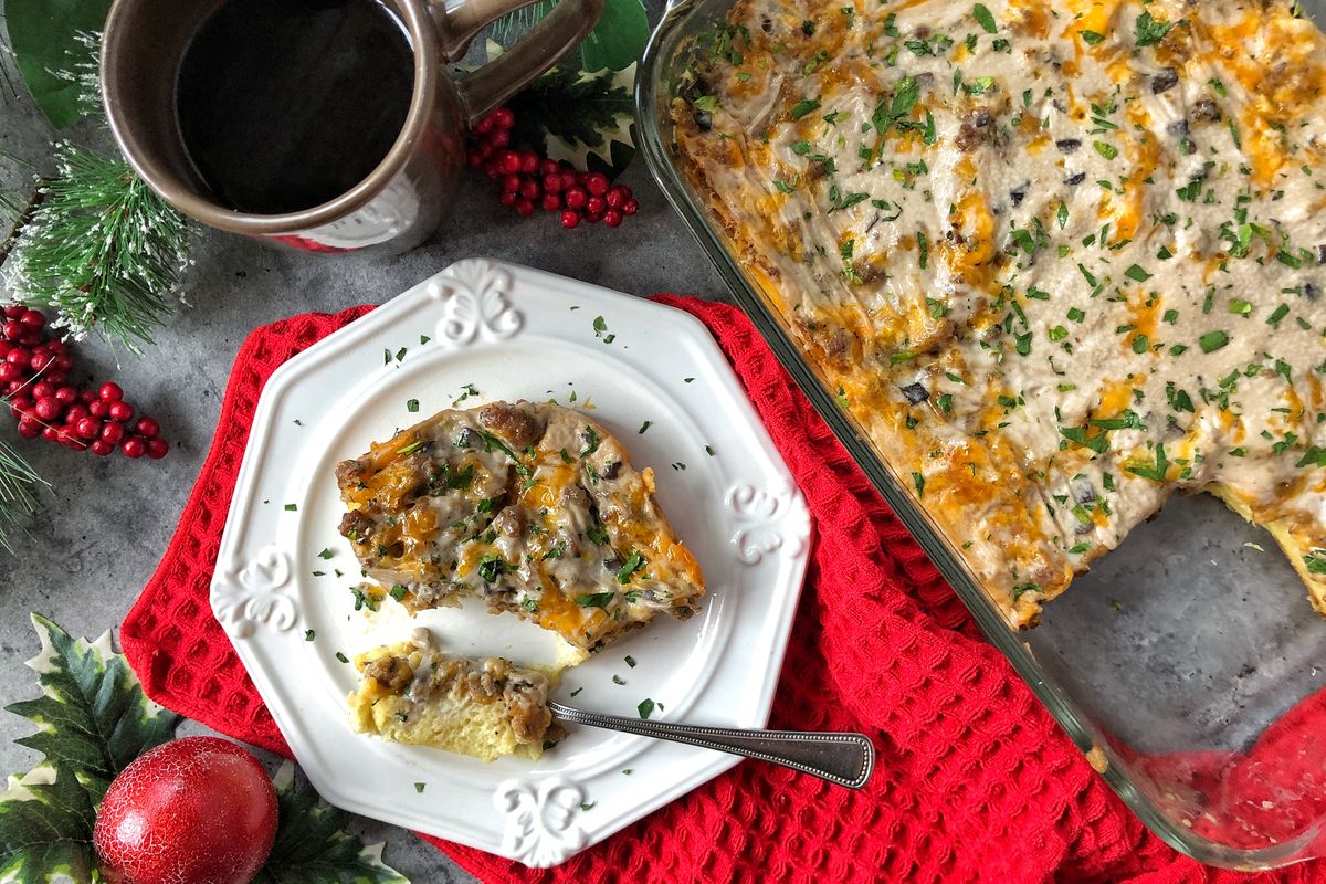 A variety of vegetables and breads can be used for this versatile sausage breakfast bake. (Audrey Alfaro/For The Spokesman-Review)