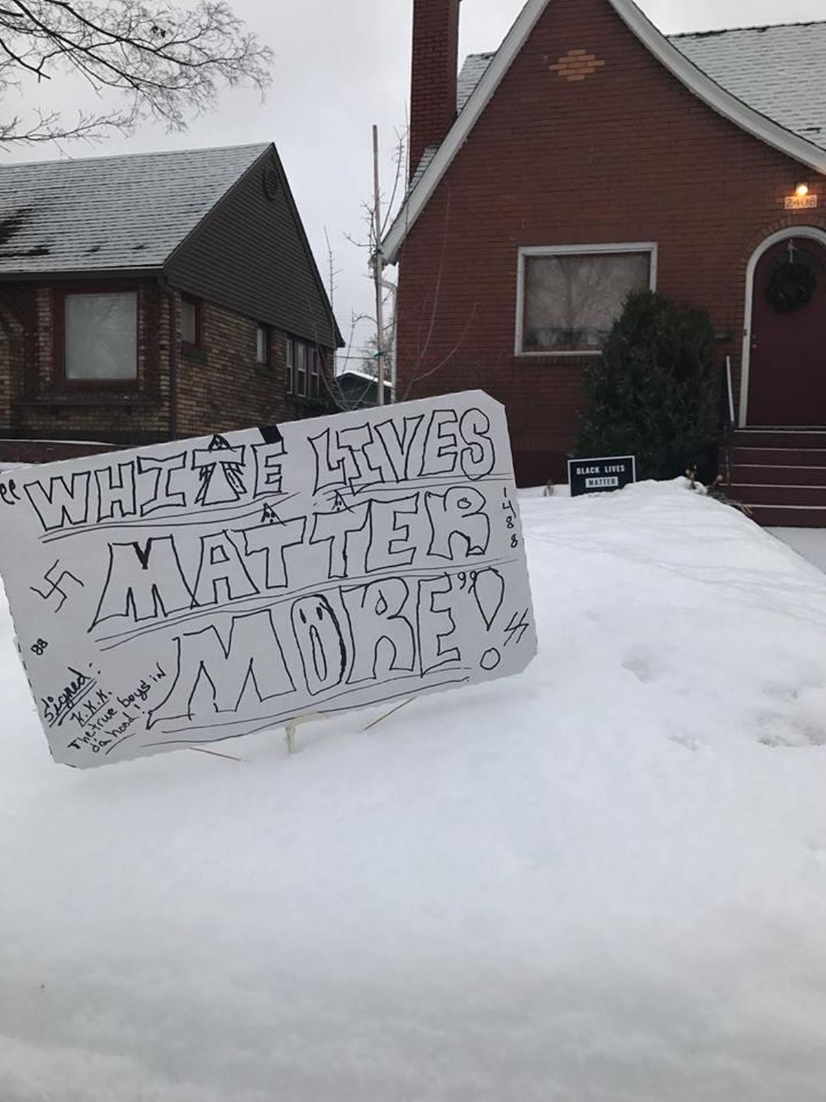 Lena Negrete woke up Wednesday morning to find this sign in her front yard. This photo was included in one of her friends’ Facebook posts, which called the act “intimidation” and a “hate crime.” (Courtesy of Lena Negrete)