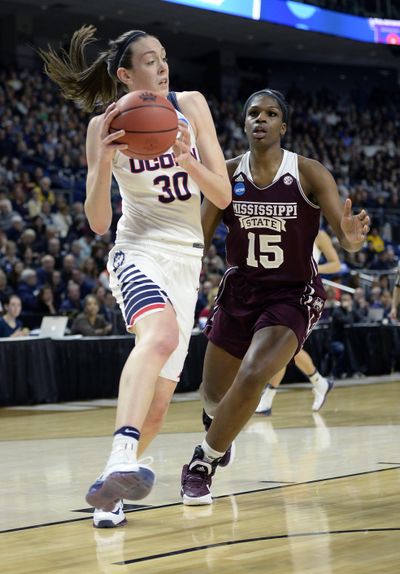 Connecticut’s Breanna Stewart, left, burned Mississippi State for 22 points on Saturday. (Jessica Hill / Associated Press)
