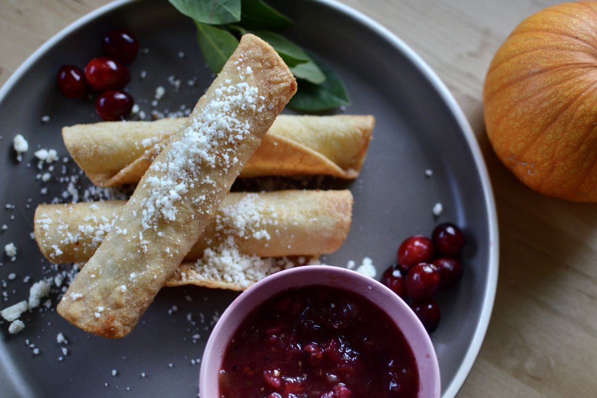 Taquitos made with mashed potatoes, served with cranberry salsa, can be appetizers or a meal.  (Ricky Webster/For The Spokesman-Review)