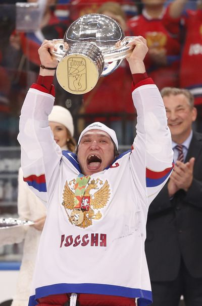 Russia forward Alexander Ovechkin celebrates after Russia defeated Finland in the world championship match. (Associated Press)