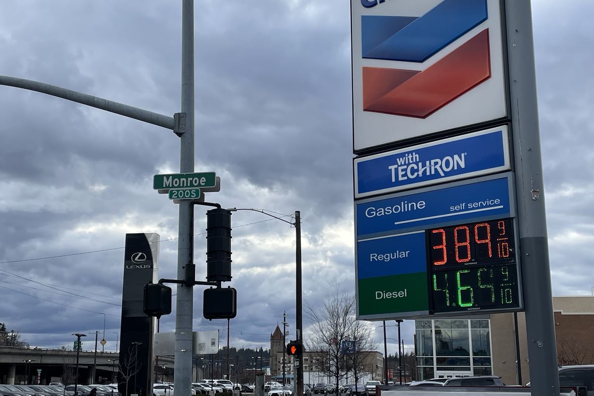 Chevron’s gas is listed at $3.89 per gallon Tuesday in downtown Spokane. (Garrett Cabeza / The Spokesman-Review)