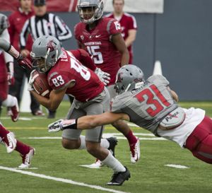 Washington State WR Calvin Green (83) fights off Isaac Dotson (31) after a pass reception during the Crimson and Gray spring football game, April 25, 2015, in Spokane, Wash. (Dan Pelle / The Spokesman-Review)