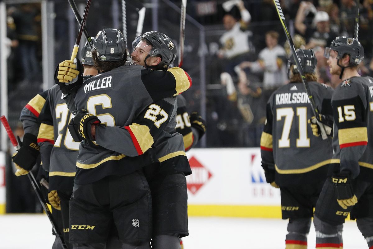 Vegas Golden Knights celebrate after defeating the Los Angeles Kings during the second overtime of Game 2 of an NHL hockey first-round playoff series, Friday, April 13, 2018, in Las Vegas. (John Locher / Associated Press)