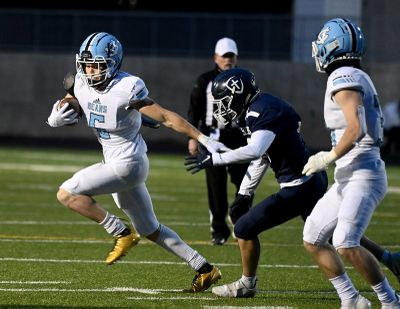 Central Valley running back Terrence Kelley carries the ball as Gonzaga Prep defensive back Nate Boyum closes in during the first half of Friday’s Greater Spokane League season-ending football game at Gonzaga Prep.  (COLIN MULVANY/THE SPOKESMAN-REVIEW)