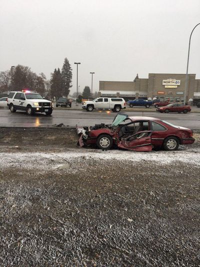 An 89-year-old driver was injured Wednesday afternoon when a semitruck failed to stop at an intersection in Spokane Valley, according to Trooper Jeff Sevigney of the Washington State Patrol. (Jeff Sevigney / Washington State Patrol)