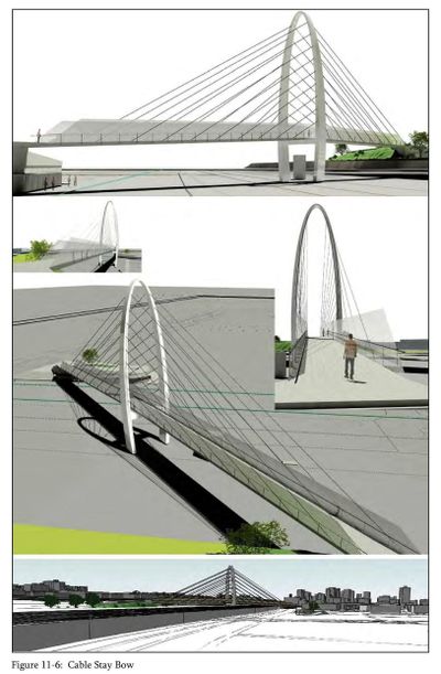 Surveys of the public led the city to adopt a cable stay bridge design, pictured above in an artists' rendering from KPFF Consulting Engineers, for the University District pedestrian bridge. The arch on the suspension bridge design will top out at 120 feet, said University District Project Manager Brandon Betty.