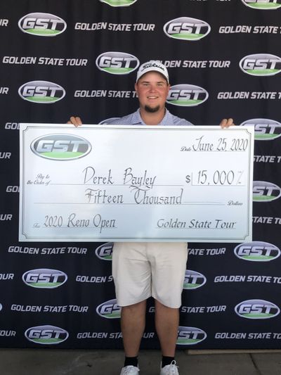 Former Lakeland High and Washington State University golfer Derek Bayley holds the $15,000 first-place check after winning the Reno Open on Thursday.   (Courtesy photo)