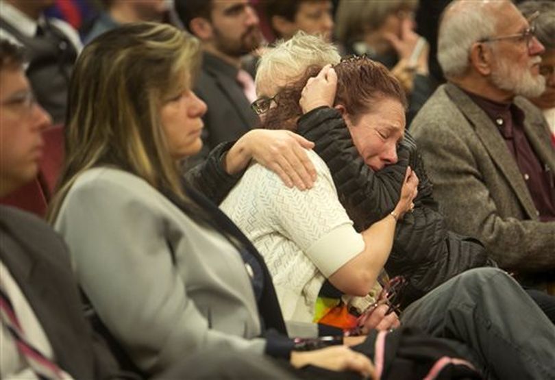 Julie Zicha, whose gay son committed suicide four years ago, is comforted by Gretchen Bates on Thursday as an Idaho House committee votes 13-4 against legislation to bar discrimination based on sexual orientation or gender identity (AP/Idaho Statesman / Katherine Jones)