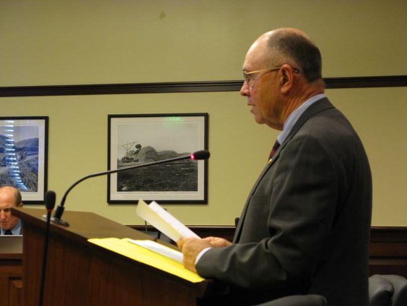 Sen. Chuck Winder, R-Boise, pitches a bill Tuesday to require review of all sales tax exemptions at least every five years, and to make all new exemptions expire within five years. It's the third of three bills proposed this session with that aim; Idaho's exemptions and exclusions from its sales tax exceed the amount it collects. (Betsy Russell)