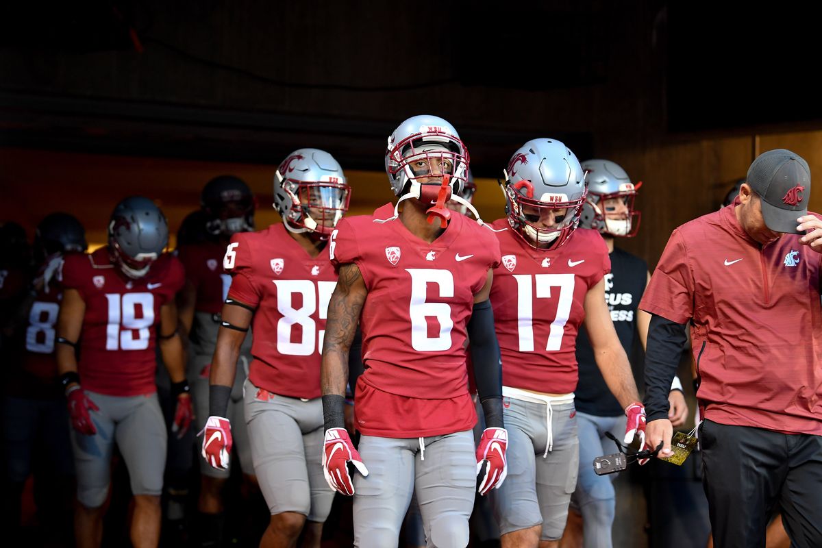 Washington State Cougars wide receiver Jamire Calvin (6) heads to the field before a college football game on Saturday, September 8, 2018, at Martin Stadium in Pullman, Wash.  (TYLER TJOMSLAND)