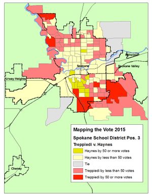 This map shows the vote margins for candidates in the Spokane School Board Pos. 3 race after the ballot count on Wednesday, Nov. 4. (Jim Camden/The Spokesman-Review)