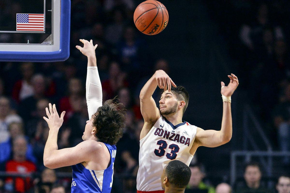 Gonzaga forward Killian Tillie rejects a shot by BYU forward Payton Dastrup on Tuesday at the Orleans Arena in Las Vegas. (Dan Pelle / The Spokesman-Review)