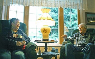 
Rose Ann Hosler laughs with her neighbor, David Evey, whom she nominated for North Side Good Neighbor award.
 (Amanda Smith / The Spokesman-Review)