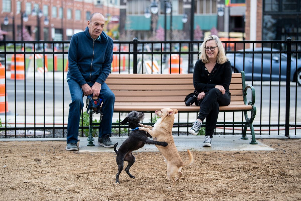 Luis Boggio, left, and Lori Decicio watch their dogs, Merlin, left, and Chico, right, play in the sand at the new dog park on the triangular lot bounded by Sprague Ave., Riverside Ave. and Adams St. in downtown Spokane, Thursday, May 2, 2019. The dog park, enclosed by a black fence, was completed as part of the large combined sewer overflow tank on the block to the south of the dog park. (Jesse Tinsley / The Spokesman-Review)