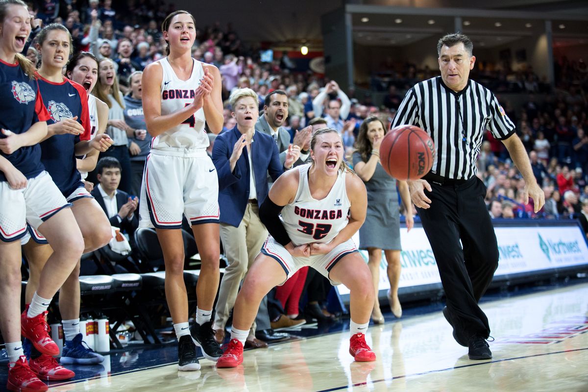 Gonzaga’s bench celebrates on the sidelines during a Dec. 2, 2018, victory over Stanford at the McCarthey Athletic Center.  (Libby Kamrowski/The Spokesman-Review)