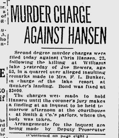 Chris Hansen, 22, was charged with second-degree murder in the shooting death of Joe Bowers at Williams Lake on this day 100 years ago.  (S-R archives)