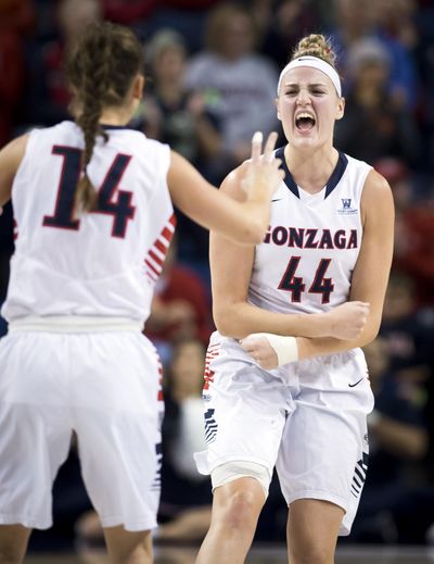 Gonzaga center Shelby Cheslek has had moments to celebrate this season. (Colin Mulvany / The Spokesman-Review)
