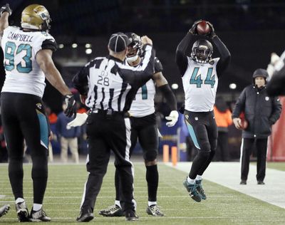 In this Jan. 21, 2018, file photo, Jacksonville Jaguars linebacker Myles Jack (44) reacts after recovering a fumble during the second half of the AFC championship NFL football game against the New England Patriots, in Foxborough, Mass. Just eight months ago, the Jaguars played in their team’s final game of the 2017 season, the closest the small-market franchise has ever been to the Super Bowl. (David J. Phillip / Associated Press)