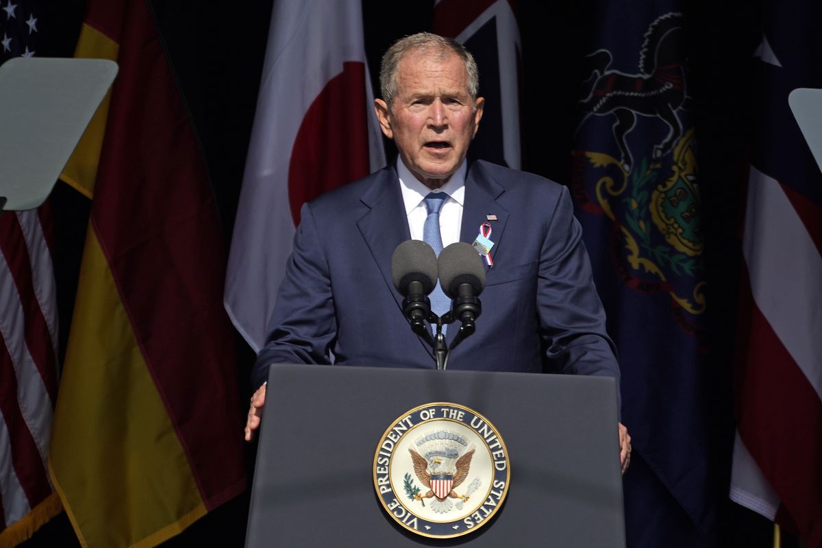 In this Sept. 11, 2021 photo, former President George W. Bush speaks at the Flight 93 National Memorial in Shanksville, Pa., on the 20th anniversary of the Sept. 11, 2001 attacks. Bush will headline a fundraiser for top Donald Trump critic Liz Cheney next month, turning her reelection race into a proxy war of sorts between the ex-presidents. Bush will be headlining the event in Dallas in October for the Wyoming congresswoman’s reelection campaign.  (Gene J. Puskar)