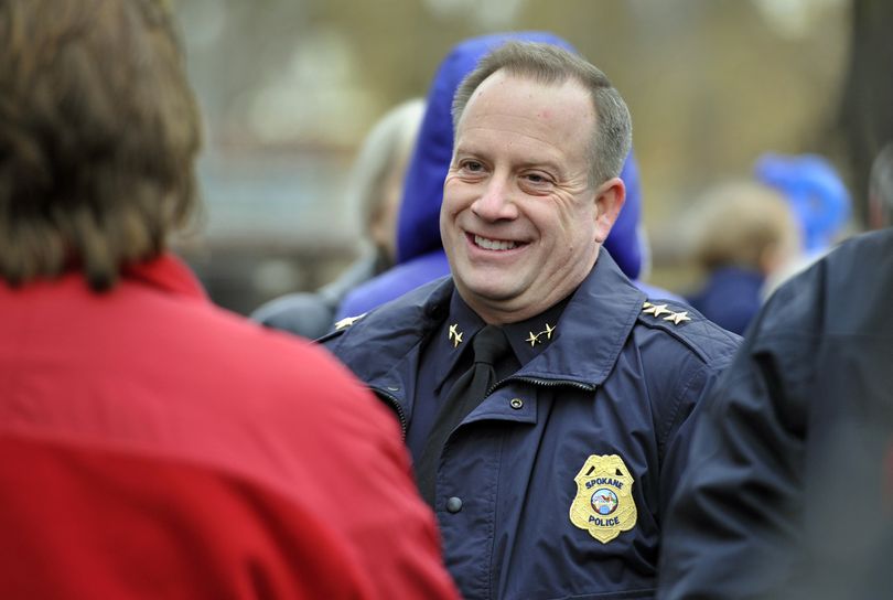 Interim Spokane police Chief Scott Stephens mingles with the crowd at Riverfront Park during Mayor David Condon’s swearing-in ceremony on Dec. 30. (Dan Pelle)