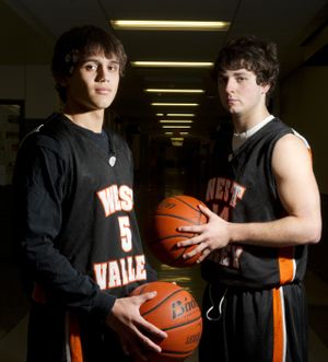 West Valley boys basketball guards Jordan Gassman, left, and Dylan Ellsworth have led the Eagles to a 15-1 start. (Colin Mulvany)