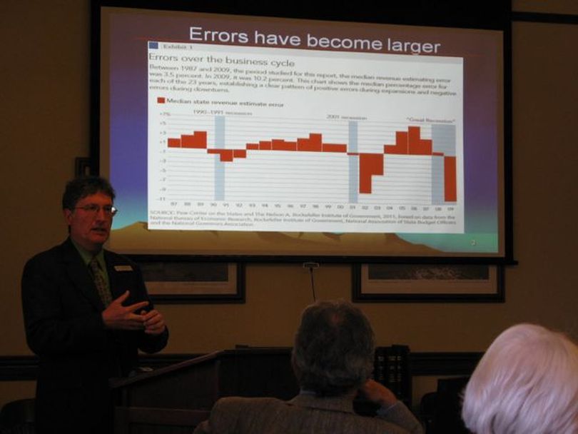 Legislative budget analyst Ray Houston briefs lawmakers Friday about trends in state revenue estimating errors, both nationwide and in Idaho. (Betsy Russell)