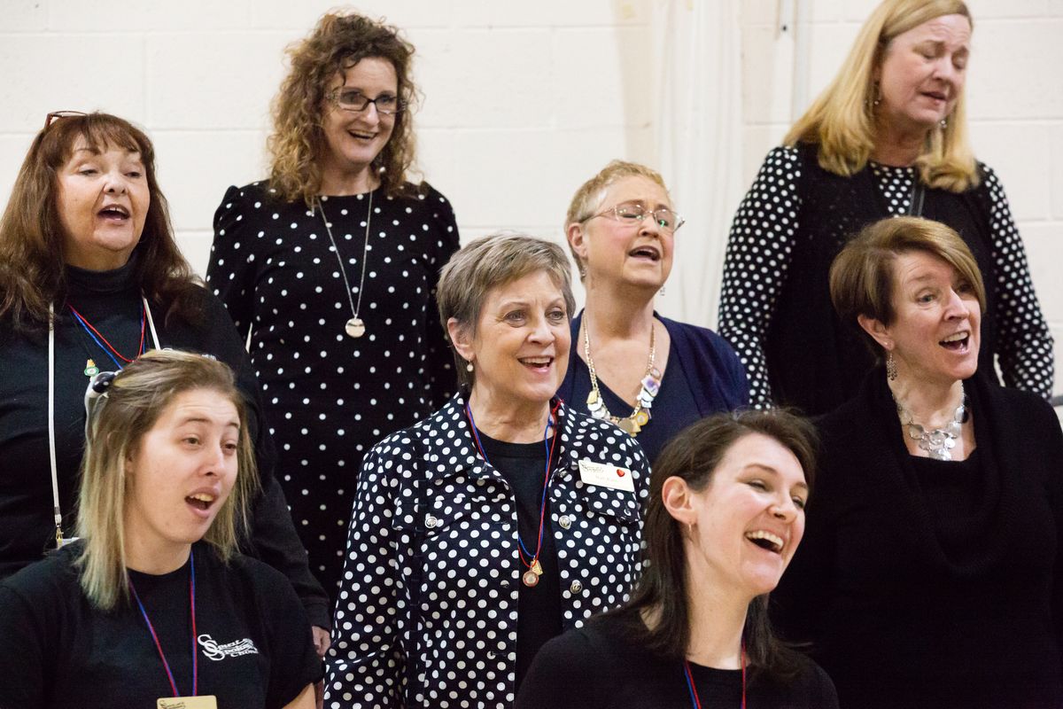 The all-women’s Spirit of Spokane Chorus rehearses during January 2020 at Opportunity Presbyterian Church in Spokane Valley. The chorus is in its 32nd year of performing and operates as an official chapter of the Sweet Adelines.  (The Spokesman-Review photo archive)
