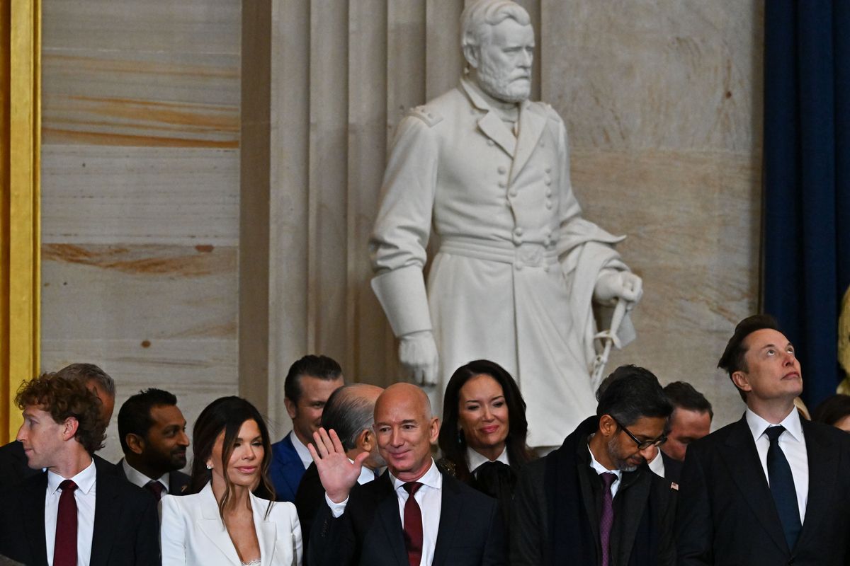 Meta CEO Mark Zuckerberg, Amazon executive chairman Jeff Bezos, Google CEO Sundar Pichai and Tesla CEO Elon Musk were prominent guests at Donald Trump’s inauguration on Jan. 20. (Ricky Carioti/The Washington Post)
